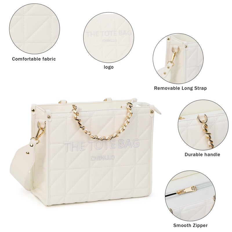 Chinllo Tote Bag for Women Quilted Chains Satchel Purse and Handbags with Shoulder Strap (E.White-M) - Image 4