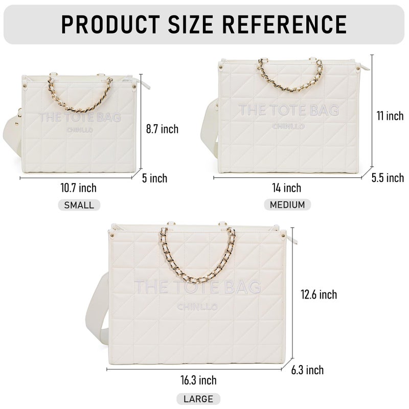 Chinllo Tote Bag for Women Quilted Chains Satchel Purse and Handbags with Shoulder Strap (E.White-M) - Image 3