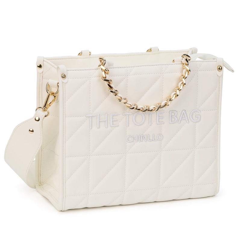 Chinllo Tote Bag for Women Quilted Chains Satchel Purse and Handbags with Shoulder Strap (E.White-M) - Image 1