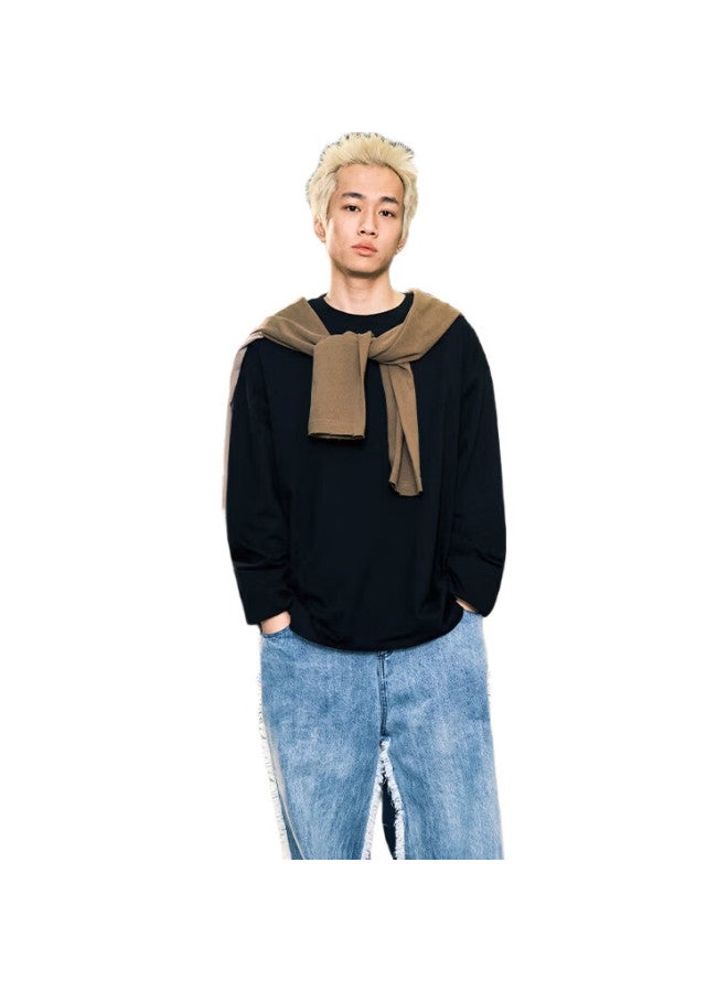 GENIOLAMODE Men'S Long Sleeve T-Shirt Autumn Cotton Loose Casual All-Match Printed Base Shirt Black M - Image 1