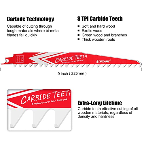 EZARC Carbide Reciprocating Saw Blade R943HM Endurance for Hard Wood 9-Inch 3TPI, 3-Pack - Image 2