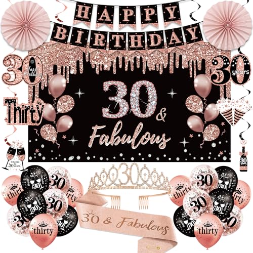 Uiorgui 30th Birthday Decorations for Women 33pcs 30th Birthday Crown and Sash Black Rose Gold Happy 30th Birthday Banner Balloons Backdrop Hanging Swirls Paper Fans 30 Years Old Birthday Decorations Kit - Image 1