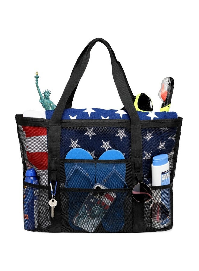 F-color Mesh Beach Bag Family - Beach Tote 9 Pockets Vacation Essentials, Black - Image 1