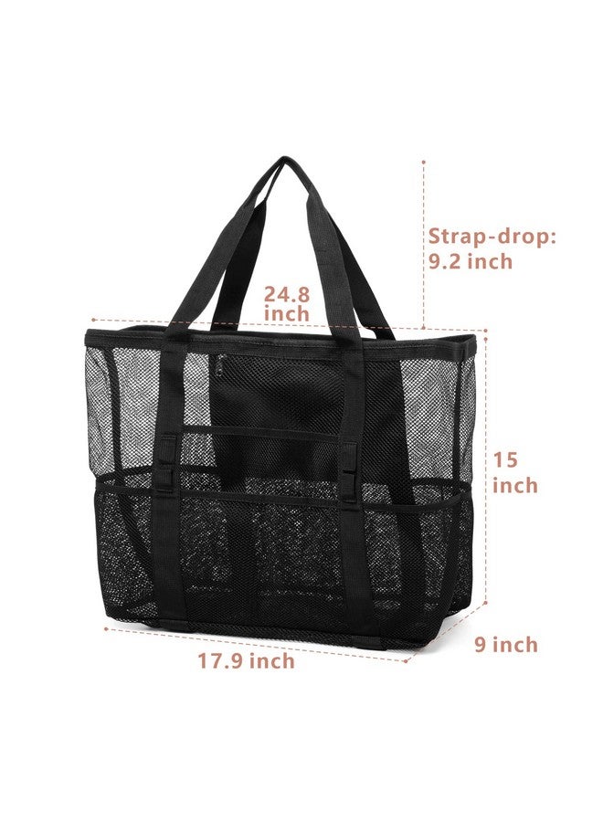 F-color Mesh Beach Bag Family - Beach Tote 9 Pockets Vacation Essentials, Black - Image 5