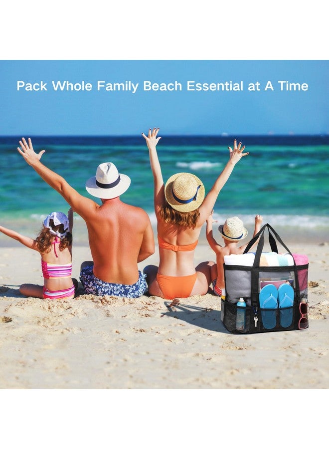 F-color Mesh Beach Bag Family - Beach Tote 9 Pockets Vacation Essentials, Black - Image 2