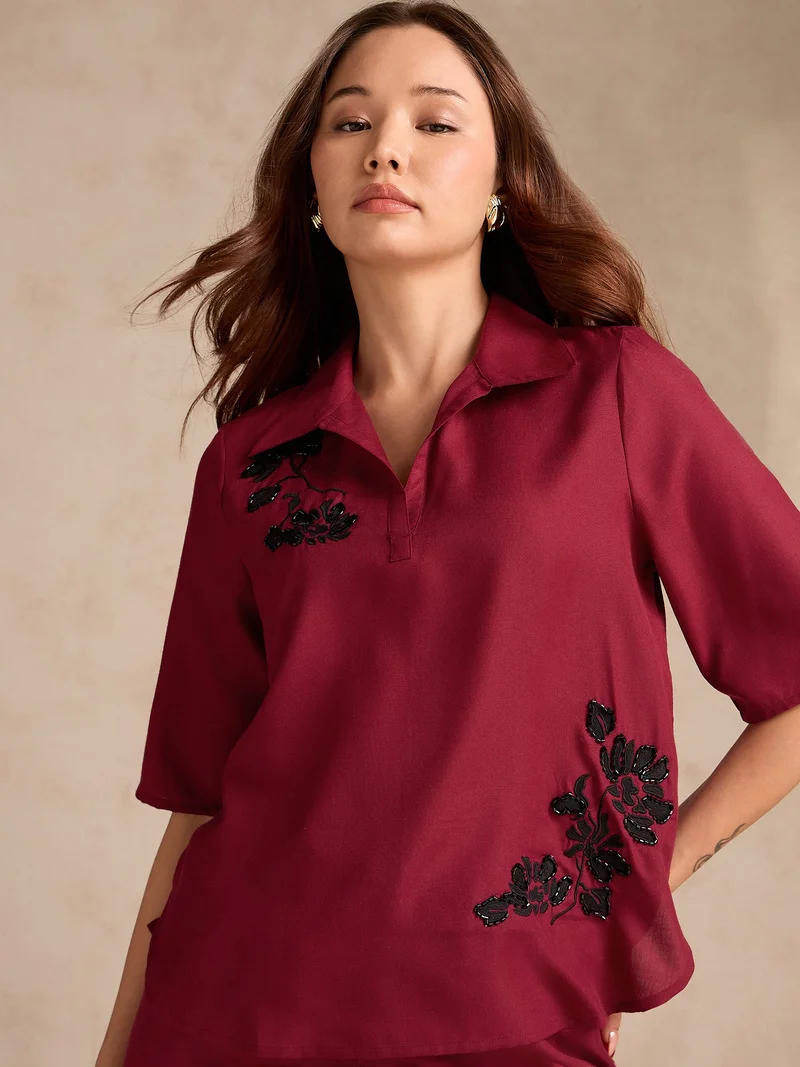Outzidr  Red Coord Set With Relaxed Fit Embroidered Top & Wide Leg Trouser for Women | Best Price UAE