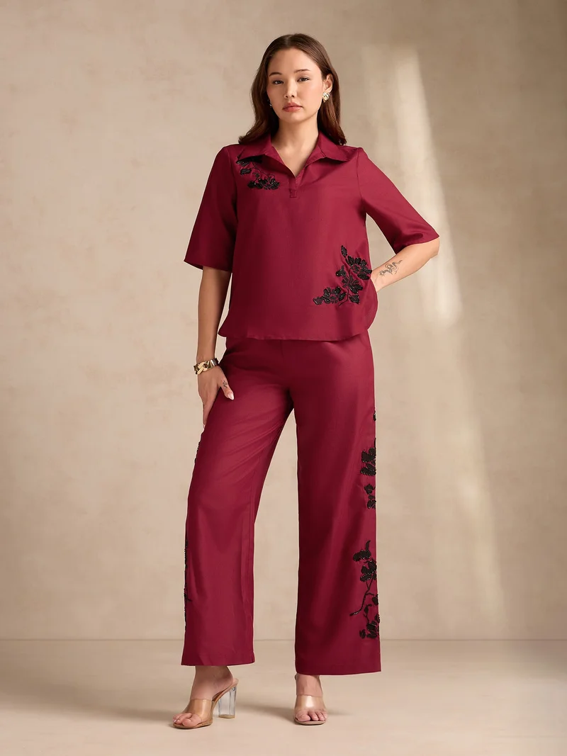 Outzidr  Red Coord Set With Relaxed Fit Embroidered Top & Wide Leg Trouser for Women | Best Price UAE