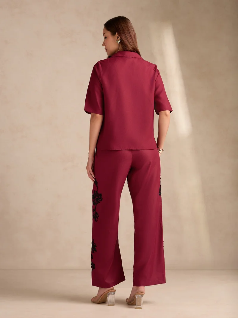 Outzidr  Red Coord Set With Relaxed Fit Embroidered Top & Wide Leg Trouser for Women | Best Price UAE