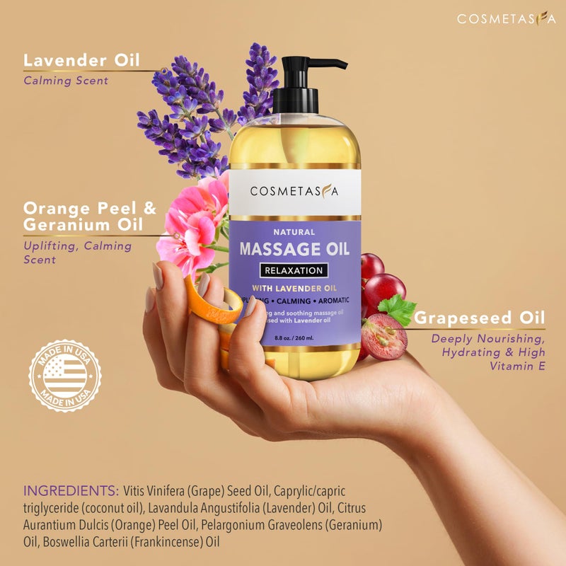 Cosmetasa Lavender Massage Oil for Massage Therapy with Roller - All Natural, Cruelty-Free & Spa Quality Skin Therapy Oil & Soothing Care - Lavender, Geranium & Grapeseed Oil (8.8 oz) - Image 2
