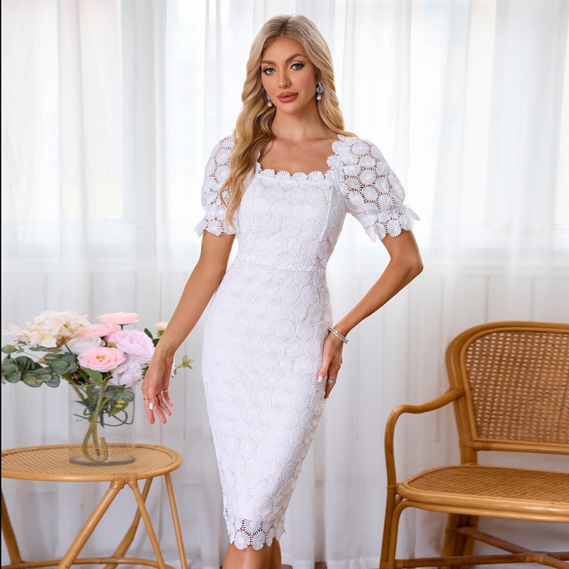 Cololura Elegant Sexy Floral Lace Short Sleeve Off Shoulder Evening Gown Party Formal Bodycon Midi Dress White - Image 4