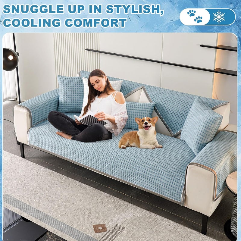 OTOB Cooling Couch Covers for Dogs Washable Ice Silk Fabric Non Slip Pet Couch Cover for Sofa, 3D Structure Breathable Soft Large Dog Mat Blanket Sofa Furniture Protector (ICY Blue, 43.3"x94.5") - Image 5