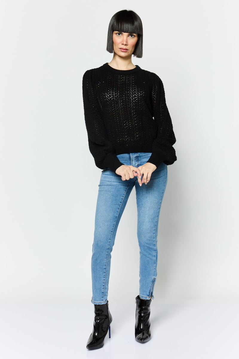 Hurley سويت شيرت نسائي بياقة دائرية بأكمام طويلة بتصميم محبوك، أسود - Image 4