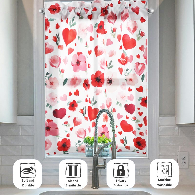 Zifmrtrwn Valentine Kitchen Curtains 3 Piece Set Floral Hearts Curtains Valance & Tiers for Kitchen Home Indoor Cafe 36 Inch Short Window Curtain Over Sink Window Spring Decor - Image 4