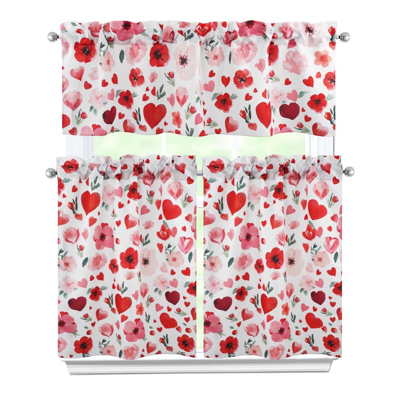 Zifmrtrwn Valentine Kitchen Curtains 3 Piece Set Floral Hearts Curtains Valance & Tiers for Kitchen Home Indoor Cafe 36 Inch Short Window Curtain Over Sink Window Spring Decor - Image 1