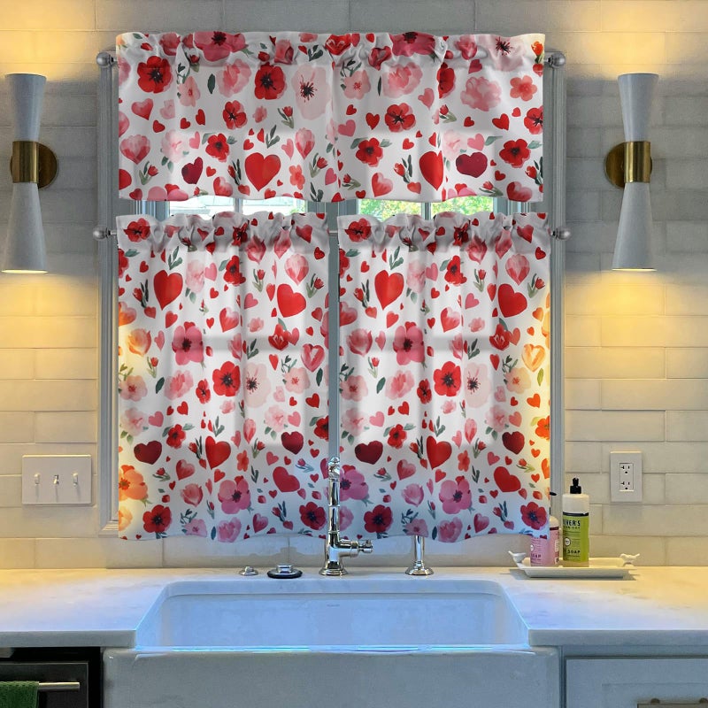 Zifmrtrwn Valentine Kitchen Curtains 3 Piece Set Floral Hearts Curtains Valance & Tiers for Kitchen Home Indoor Cafe 36 Inch Short Window Curtain Over Sink Window Spring Decor - Image 2
