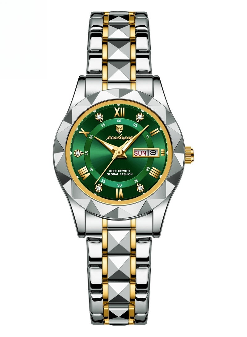 پوداجار ساعة نسائية فاخرة مقاومة للماء ومتوهجة – زجاج معزز بالمعادن، سوار من الفولاذ المقاوم للصدأ، مينا مرصعة بالألماس بتصميم ثلاثي الأبعاد، عرض تاريخ مزدوج - Image 1