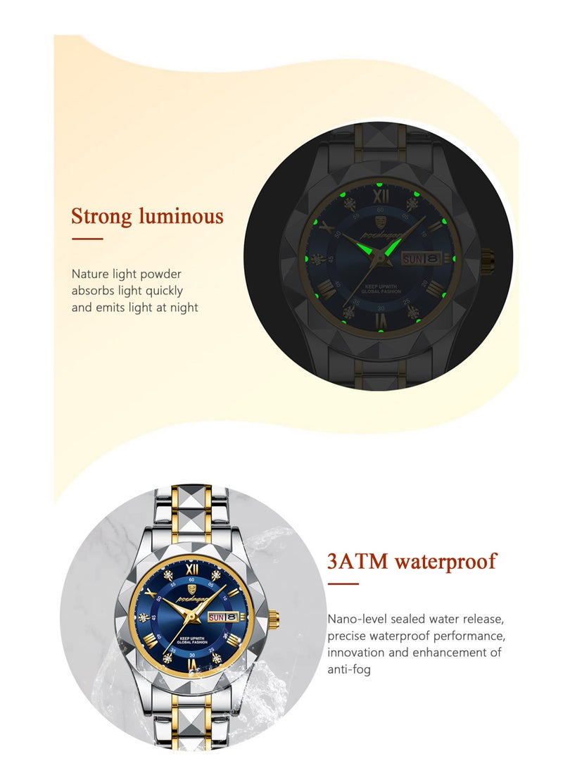 پوداجار ساعة نسائية فاخرة مقاومة للماء ومتوهجة – زجاج معزز بالمعادن، سوار من الفولاذ المقاوم للصدأ، مينا مرصعة بالألماس بتصميم ثلاثي الأبعاد، عرض تاريخ مزدوج - Image 4