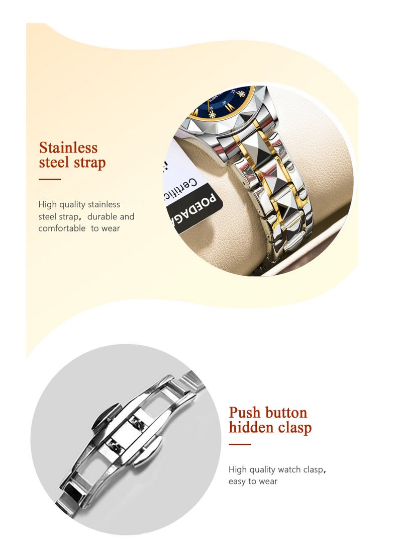 پوداجار ساعة نسائية فاخرة مقاومة للماء ومتوهجة – زجاج معزز بالمعادن، سوار من الفولاذ المقاوم للصدأ، مينا مرصعة بالألماس بتصميم ثلاثي الأبعاد، عرض تاريخ مزدوج - Image 5