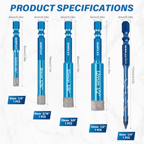 Serplex® 5Pcs Diamond Drill Bit 6-12mm Diamond-Coated Core Bits with 8mm Twist Drill, 1/4 Inch Hex Shank, 5/16" 1/4" 3/8" 1/2" Dry Tile Drill Bit Set for Porcelain Tile Ceramic Stone Granite Marble - Image 2