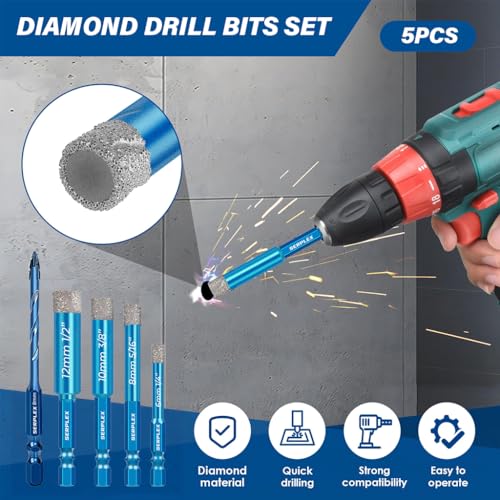 Serplex® 5Pcs Diamond Drill Bit 6-12mm Diamond-Coated Core Bits with 8mm Twist Drill, 1/4 Inch Hex Shank, 5/16" 1/4" 3/8" 1/2" Dry Tile Drill Bit Set for Porcelain Tile Ceramic Stone Granite Marble - Image 5
