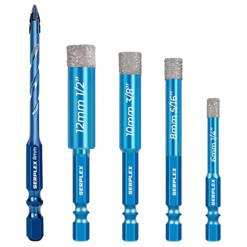 Serplex® 5Pcs Diamond Drill Bit 6-12mm Diamond-Coated Core Bits with 8mm Twist Drill, 1/4 Inch Hex Shank, 5/16" 1/4" 3/8" 1/2" Dry Tile Drill Bit Set for Porcelain Tile Ceramic Stone Granite Marble - Image 1