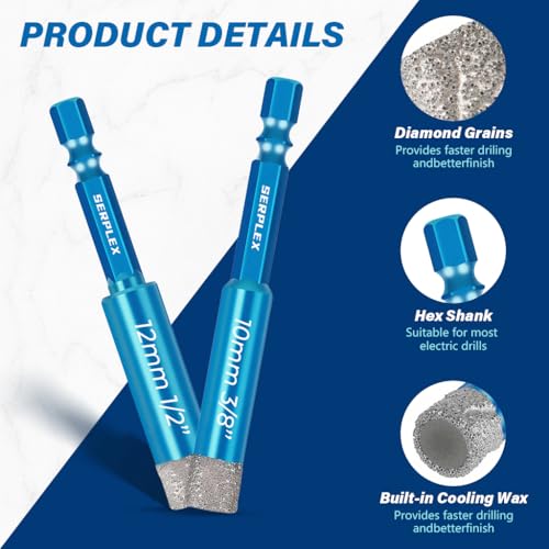 Serplex® 5Pcs Diamond Drill Bit 6-12mm Diamond-Coated Core Bits with 8mm Twist Drill, 1/4 Inch Hex Shank, 5/16" 1/4" 3/8" 1/2" Dry Tile Drill Bit Set for Porcelain Tile Ceramic Stone Granite Marble - Image 3