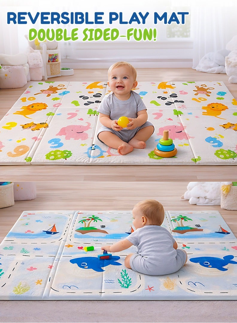 بيكي كيدز سجادة لعب للأطفال سميكة للغاية ذات وجهين 200 × 180 × 1.5 سم، سجادة لعب كبيرة قابلة للطي ومقاومة للماء لوقت استلقاء الطفل على بطنه والزحف، سجادات آمنة وناعمة للأطفال للعب على الأرض للرضع والأطفال الصغار - Image 2
