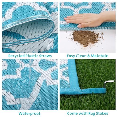 HEBE سجادة خارجية هابي مقاومة للماء 6x9، سجادة بلاستيكية من القش، سجادة تخييم، سجادة فناء قابلة للعكس، سجادة RV، تخفيضات، سجادة أرضية داخلية وخارجية للشرفة، السطح، الكامبر، الشرفة، الفناء الخلفي - Image 3