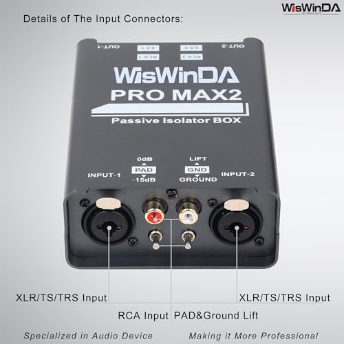 WisWinDa Pro Max2 2Channels XLR/RCA/TS/TRS Passive Hum Eliminator Box for Audio Equipments Ground Loop Isolator Noise Filter for Different Audio Systems Using (WDISO-Pro Max2) - Image 3