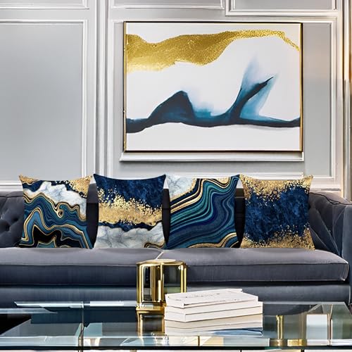 LDJRSY Blue Throw Pillow Covers 18x18inch, Set of 4 Decorative Soft Accent Pillows Covers, Blue and Gold Square Cushion Covers for Living Room Decor Sofa Couch Pillow Cases - Image 3
