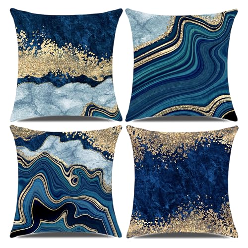 LDJRSY Blue Throw Pillow Covers 18x18inch, Set of 4 Decorative Soft Accent Pillows Covers, Blue and Gold Square Cushion Covers for Living Room Decor Sofa Couch Pillow Cases - Image 1