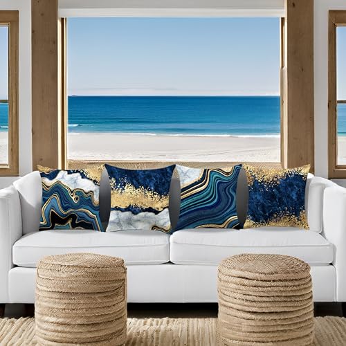 LDJRSY Blue Throw Pillow Covers 18x18inch, Set of 4 Decorative Soft Accent Pillows Covers, Blue and Gold Square Cushion Covers for Living Room Decor Sofa Couch Pillow Cases - Image 4