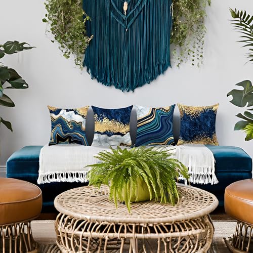 LDJRSY Blue Throw Pillow Covers 18x18inch, Set of 4 Decorative Soft Accent Pillows Covers, Blue and Gold Square Cushion Covers for Living Room Decor Sofa Couch Pillow Cases - Image 2