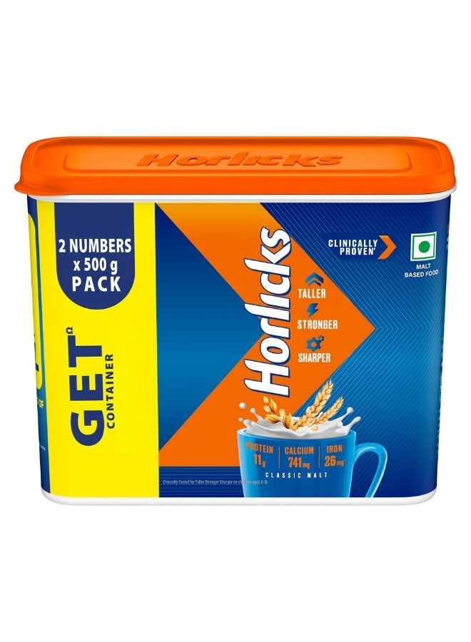 Horlicks Nutrition Drink Container - 1 Kg - Classic Malt - Clinically Proven to make kids Taller, Stronger, Sharper - Image 1