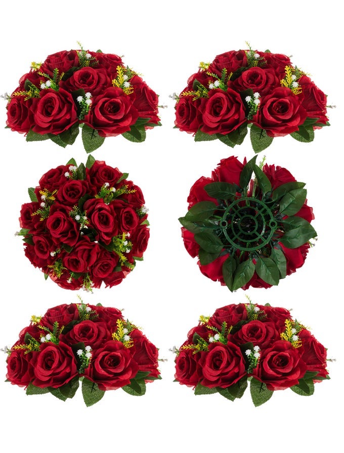 Flower Balls Wedding Rose Centerpieces 6 Pcs Crimson Fake Flowers Kissing Balls Decor Artificial Floral Arrangements Flower Bouquet of Roses Home Party Table DIY Decorations