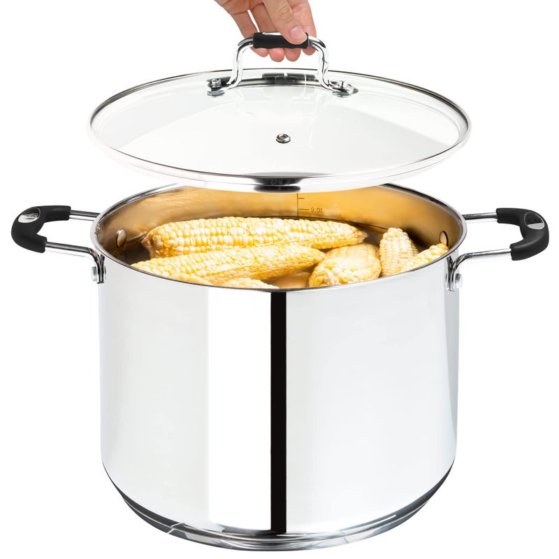 Millvado Stock Pot Large Stainless Steel 11 Quart StockPot Large Cooking Pot Clear Glass Lid and Measurement Markings Steam Hole Induction Gas Electric Compatible Big Boiling Pot