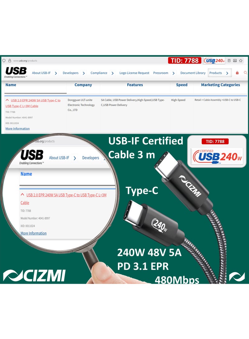سيزمي ✦ كابل [معتمد من USB-IF] بطول 3 متر للشحن الفائق 240W (48V / 5A) عبر Power Delivery (PD) 3.1 EPR | Type-C إلى Type-C | سرعة USB 2.0 حتى 480Mbps | متوافق مع Apple وiPhone 17/16/15 وGalaxy وiPad وأجهزة اللابتوب والشواحن وغيرها - Image 3