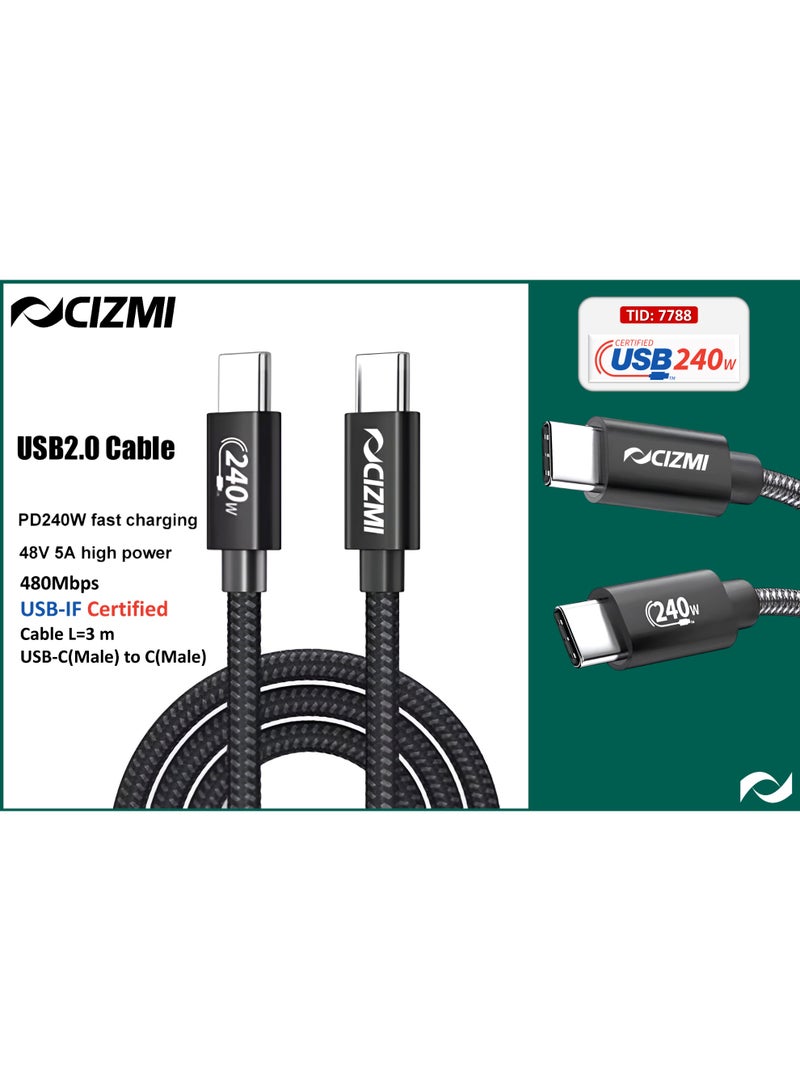سيزمي ✦ كابل [معتمد من USB-IF] بطول 3 متر للشحن الفائق 240W (48V / 5A) عبر Power Delivery (PD) 3.1 EPR | Type-C إلى Type-C | سرعة USB 2.0 حتى 480Mbps | متوافق مع Apple وiPhone 17/16/15 وGalaxy وiPad وأجهزة اللابتوب والشواحن وغيرها - Image 2