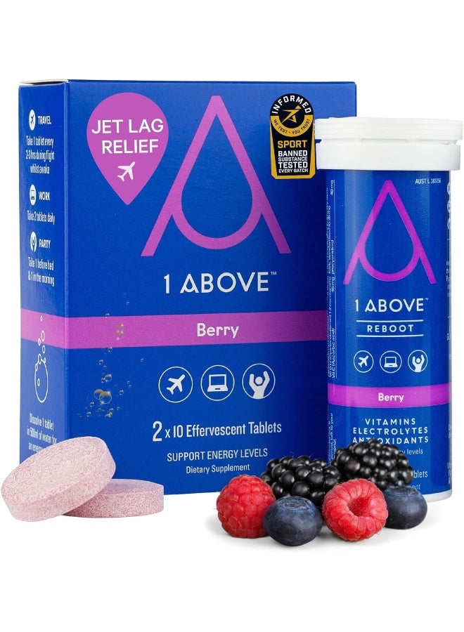 1Above أقراص مشروب فوّار مضاد لآثار السفر بالطائرة. مضاد أكسدة فائق - بيكنوجينول + فيتامينات + إلكتروليتات للسفر والعمل والحفلات. 20 حبة (2 أنبوب) توت - Image 1