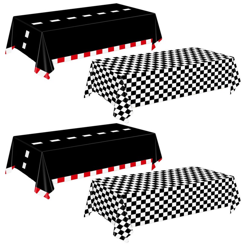 Oigco 4 Pack Racing Car Tablecloth - Race Car Birthday Party Decorations Racetrack Rectangular Tablecloth - Checkered Table Cover for Two Fast Birthday Decor, 54 x 108 Inch - Image 1