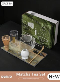 7Pcs Matcha Tea Set, Matcha Whisk Set of 7 Ceremony Matcha Kit with Glass Matcha Bowl with Pouring Spout, Matcha Whisk, Scoop, Whisk Holder, Scoop Stand，Sifter,Tea Napkin, Matcha Whisk Kit Traditional Handmade Matcha Gift Box