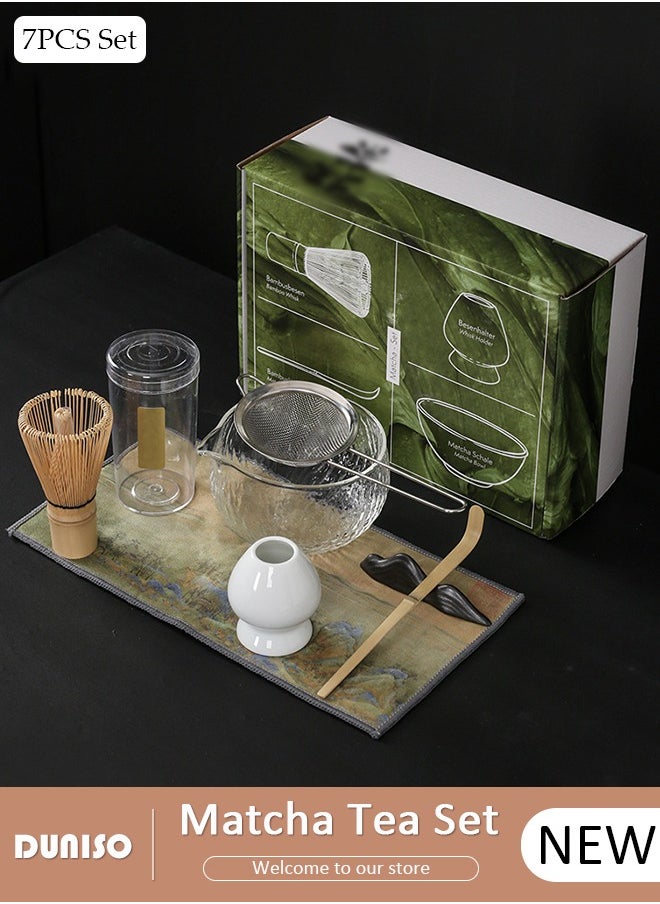 DUNISO 7Pcs Matcha Tea Set, Matcha Whisk Set of 7 Ceremony Matcha Kit with Glass Matcha Bowl with Pouring Spout, Matcha Whisk, Scoop, Whisk Holder, Scoop Stand，Sifter,Tea Napkin, Matcha Whisk Kit Traditional Handmade Matcha Gift Box  - Image 1