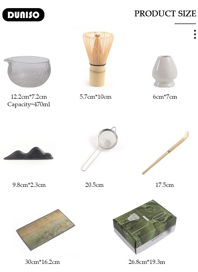 DUNISO 7Pcs Matcha Tea Set, Matcha Whisk Set of 7 Ceremony Matcha Kit with Glass Matcha Bowl with Pouring Spout, Matcha Whisk, Scoop, Whisk Holder, Scoop Stand，Sifter,Tea Napkin, Matcha Whisk Kit Traditional Handmade Matcha Gift Box  - Image 4