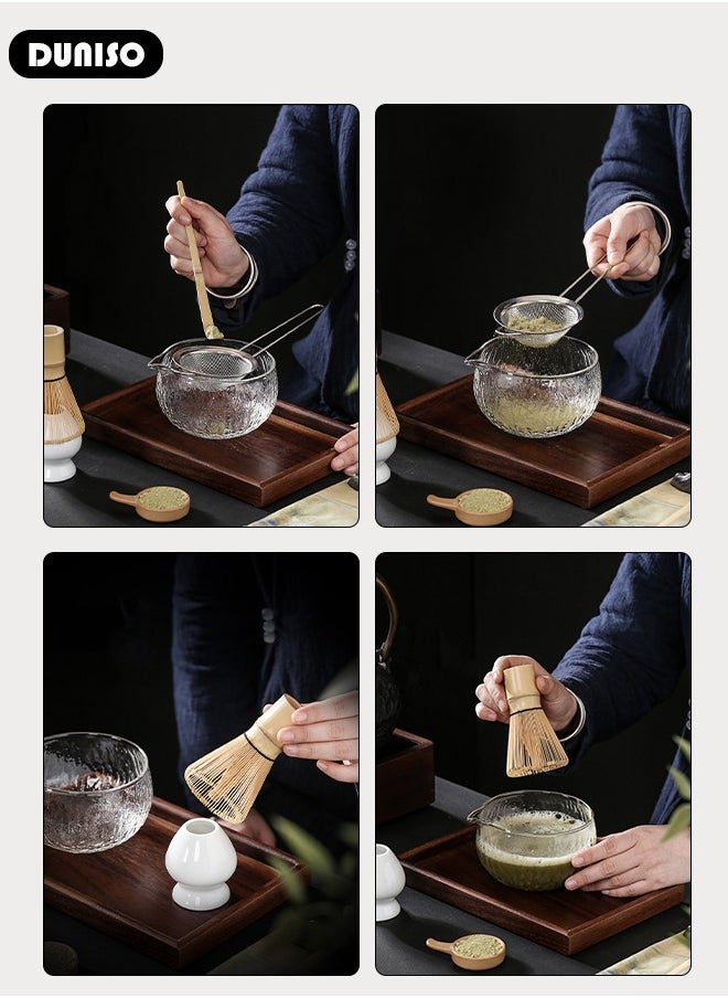 DUNISO 7Pcs Matcha Tea Set, Matcha Whisk Set of 7 Ceremony Matcha Kit with Glass Matcha Bowl with Pouring Spout, Matcha Whisk, Scoop, Whisk Holder, Scoop Stand，Sifter,Tea Napkin, Matcha Whisk Kit Traditional Handmade Matcha Gift Box  - Image 5