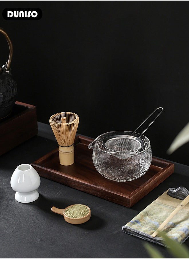 DUNISO - 7Pcs Matcha Tea Set, Matcha Whisk Set of 7 Ceremony Matcha Kit with Glass Matcha Bowl with Pouring Spout, Matcha Whisk, Scoop, Whisk Holder, Scoop Stand，Sifter,Tea Napkin, Matcha Whisk Kit Traditional Handmade Matcha Gift Box - Image 1