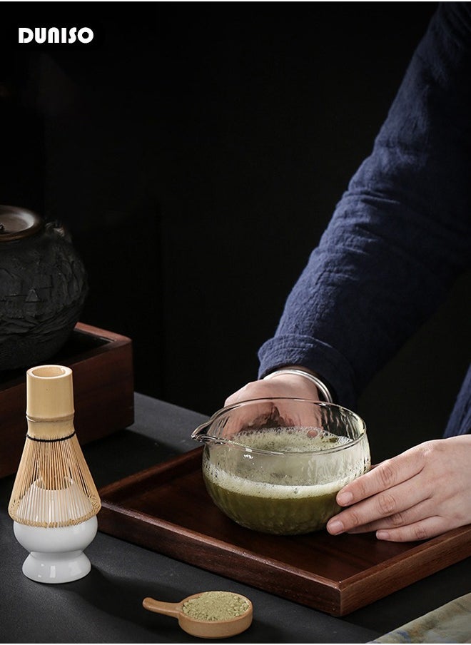 DUNISO - 7Pcs Matcha Tea Set, Matcha Whisk Set of 7 Ceremony Matcha Kit with Glass Matcha Bowl with Pouring Spout, Matcha Whisk, Scoop, Whisk Holder, Scoop Stand，Sifter,Tea Napkin, Matcha Whisk Kit Traditional Handmade Matcha Gift Box - Image 1
