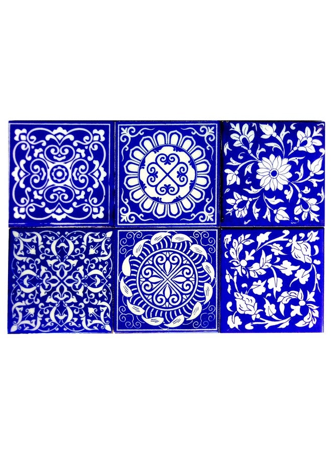 Shiv Kripa Blue Pottery Home Decor Tile Ceramic High Lighter Wall Tiles 4 x 4 Inch Set of 6 Tiles (Blue & White) - Image 1