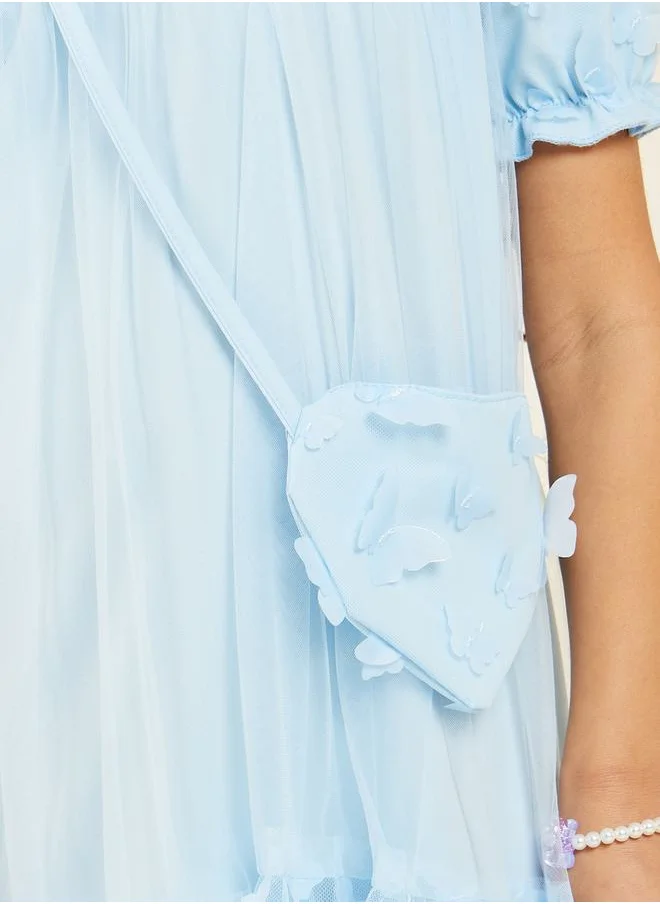 Styli Butterfly Applique Puff Sleeve Dress with Bag