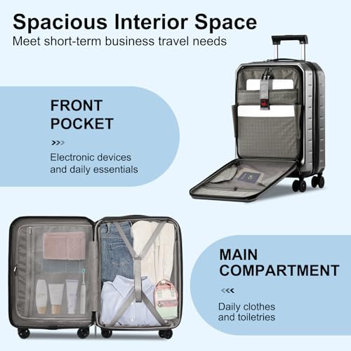 CENSIEN Carry On Luggage 22×14×9 Airline Approved, 20 Inch Lightweight ABS+PC Hard Shell Suitcases with Front Pocket, Spinner Wheels, TSA Lock (Dark Gray, 1PC) - Image 3