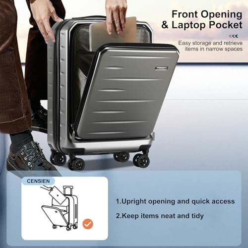 CENSIEN Carry On Luggage 22×14×9 Airline Approved, 20 Inch Lightweight ABS+PC Hard Shell Suitcases with Front Pocket, Spinner Wheels, TSA Lock (Dark Gray, 1PC) - Image 2